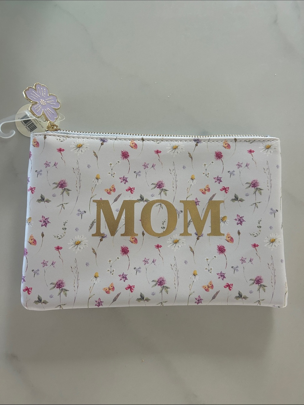 NWT Floral 'MOM' Zip Pouch Cosmetic Bag in White and Gold